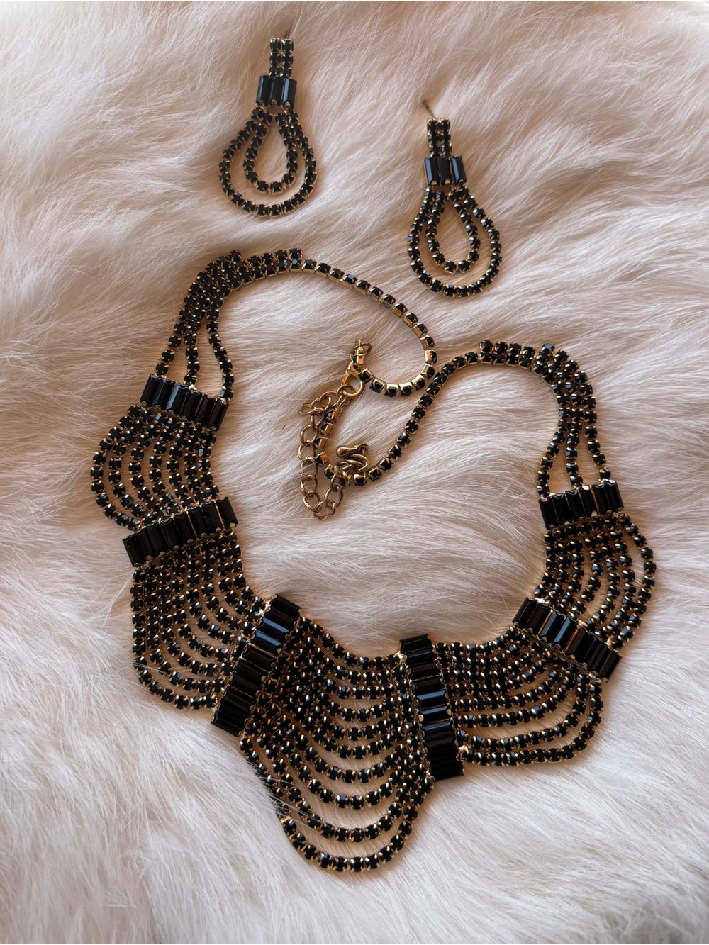Elegant Black Beaded Statement Necklace and Earring Set